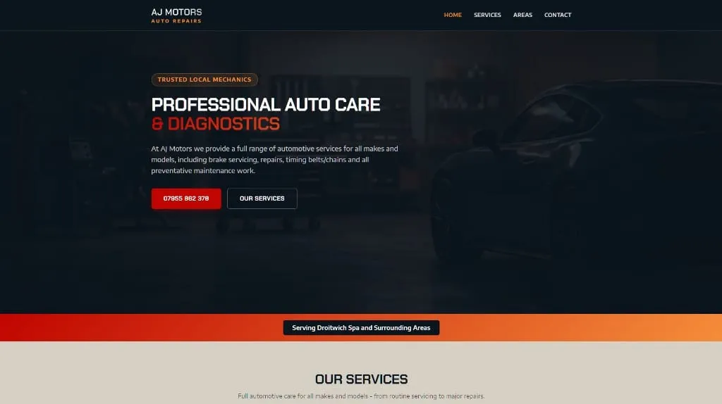 Screenshot of the AJ Motors Auto Repairs website homepage